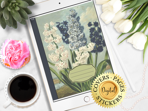 60 GoodNotes Digital Covers Pages and Stickers, Vintage Botanical Garden Hyacinth