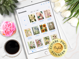 60 GoodNotes Digital Covers Pages and Stickers, Vintage Botanical Garden Cyclamen