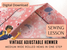 Learn to use the vintage adjustable hemmer presser foot in the step-by-step sewing lesson. This foot is perfect to finish raw edges and create a wider rolled hem right on your sewing machine. This presser foot does hems larger than the typical rolled narrow hem.&nbsp; Learn to use the Vintage Adjustable Hemmer, it's amazing.